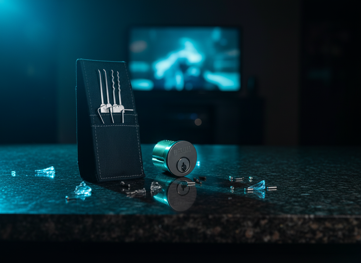 A set of lockpicking tools including a pick set, a black case, and a practice lock.